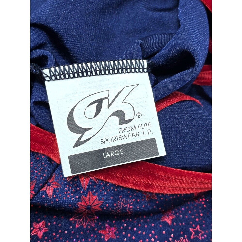 GK Elite VTG Foiled Star Spangled Navy Red Keyhole Tank Leotard Vneck Size AL - Picture 9 of 12